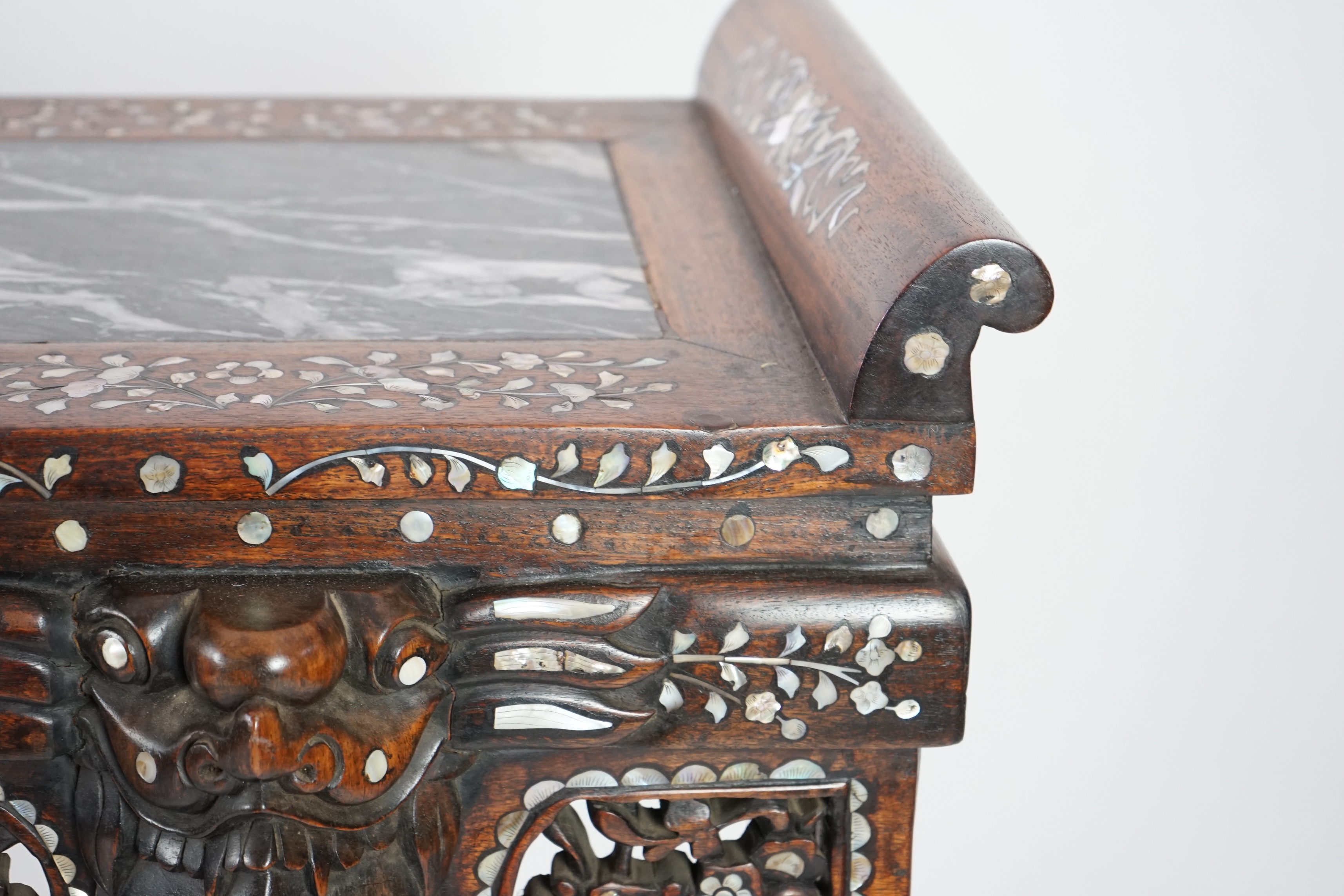 A good Chinese mother-of-pearl inlaid and marble topped hongmu altar table, late 19th/early 20th century